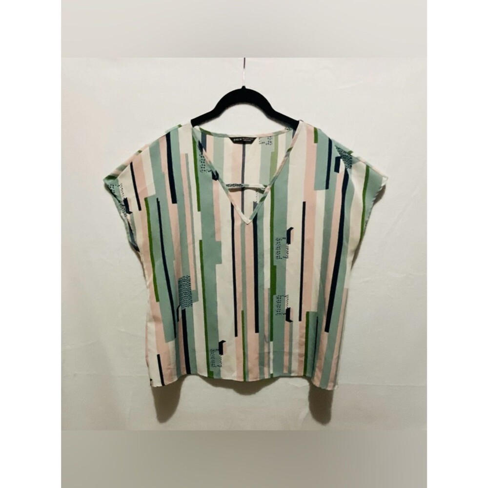 SHEIN Abstract Geometric Print V-Neck Blouse Pastel Pink Mint Green Art Top L